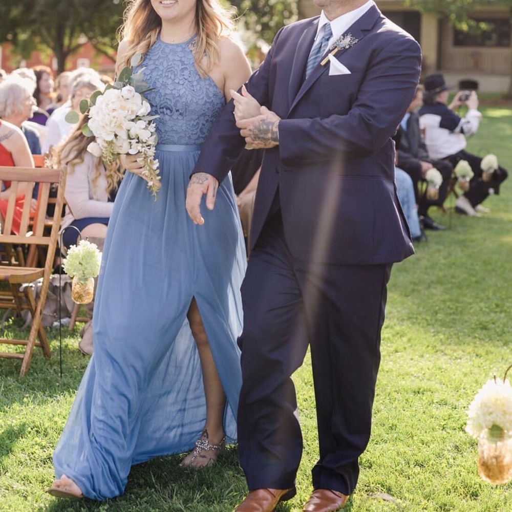 Steel blue high neck bridesmaid dress